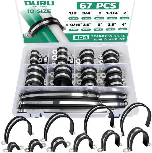 Main image of 67PCS Pipe Strap Kit Fits 0.51"-4.01" OD, Rubber U Bracket,10 Sizes | 304 Stainless Steel, Anti-Vibration, Rust Resistant, Rigid Conduit Clamp for Automotive, Pipe & Tube, Conduit Installation