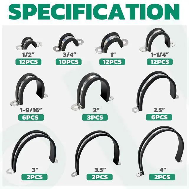 Alt view image 2 of 7 - 67PCS Pipe Strap Kit Fits 0.51"-4.01" OD, Rubber U Bracket,10 Sizes | 304 Stainless Steel, Anti-Vibration, Rust Resistant, Rigid Conduit Clamp for Automotive, Pipe & Tube, Conduit Installation
