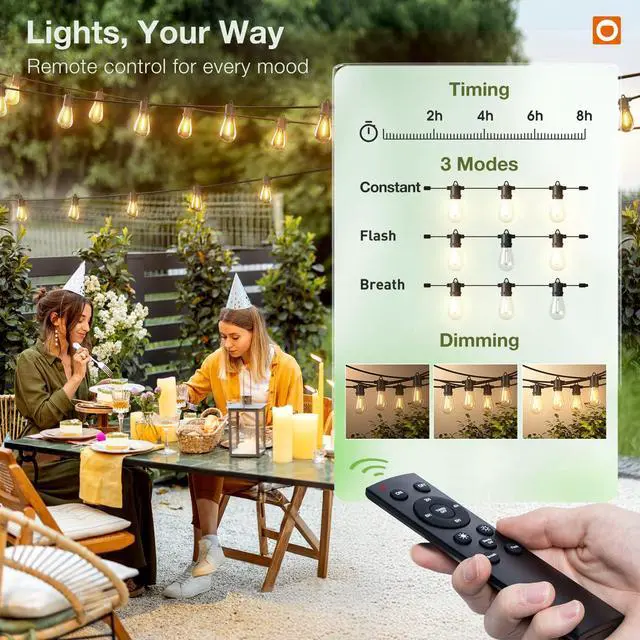 Alt view image 6 of 7 - 100FT Outdoor String Lights LED with Remote Dimmable Waterproof | Timer & 3 Lighting Modes, Shatterproof Edison Bulbs, Connectable Hanging Strand for Patio Outside Backyard Porch Party Décor