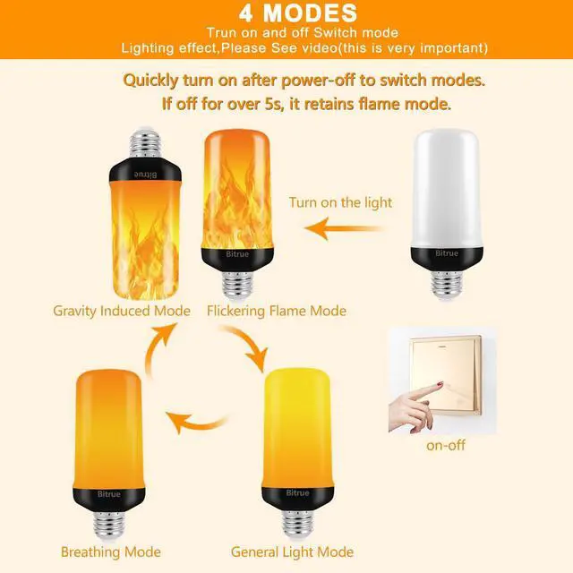 Alt view image 3 of 6 - LED Flame Effect Light Bulb, 4 Modes Flame Light Bulbs, E26 Base Fire Light Bulb with Gravity Sensor,Flickering Light Bulbs Halloween Home Party(4 Pack)