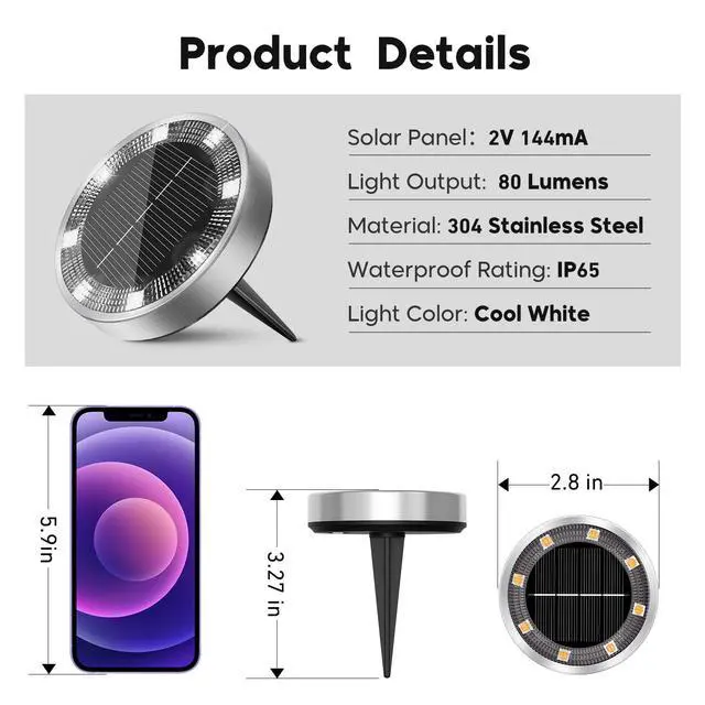 Alt view image 7 of 7 - 6 Pack Solar Lights Outdoor Waterproof, 8 LED Solar Ground Lights