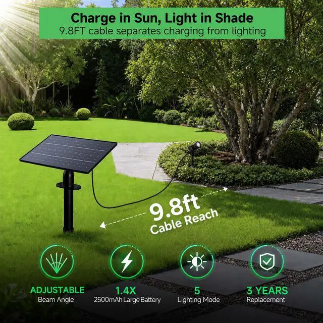 Alt view image 2 of 7 - Solar Spot Lights Outdoor, Adjustable Beam Focus Uplights for Trees, Waterproof Separate Panel Bright Spotlight, LED Warm White & Daylight Selectable for House Exterior Flag 2 Pack