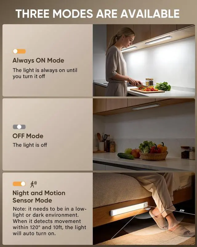 Alt view image 4 of 7 - 5 Pack 10inch Under Cabinet Lighting, Rechargeable Motion Sensor Light Indoor with 3 Color Temps, Dimmable Magnetic Led Closet Lights, Wireless Under Counter Lights for Kitchen, Stairs