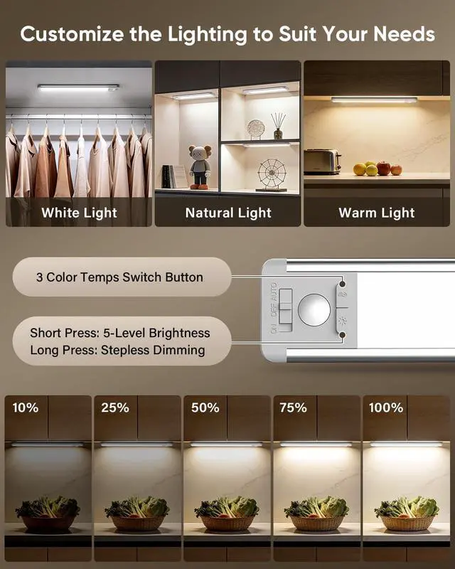 Alt view image 5 of 7 - 5 Pack 10inch Under Cabinet Lighting, Rechargeable Motion Sensor Light Indoor with 3 Color Temps, Dimmable Magnetic Led Closet Lights, Wireless Under Counter Lights for Kitchen, Stairs