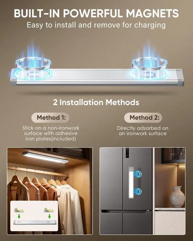 Alt view image 6 of 7 - 5 Pack 10inch Under Cabinet Lighting, Rechargeable Motion Sensor Light Indoor with 3 Color Temps, Dimmable Magnetic Led Closet Lights, Wireless Under Counter Lights for Kitchen, Stairs