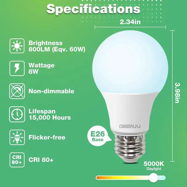 Alt view image 3 of 6 - LED Light Bulbs Daylight 5000K, 60 Watt Equivalent LED Bulbs, A19 Standard Bulbs, 800 LM, 15000 Hours, E26 Base, Non-Dimmable, 8W LED Bulbs for Bedroom Living Room 24 Pack