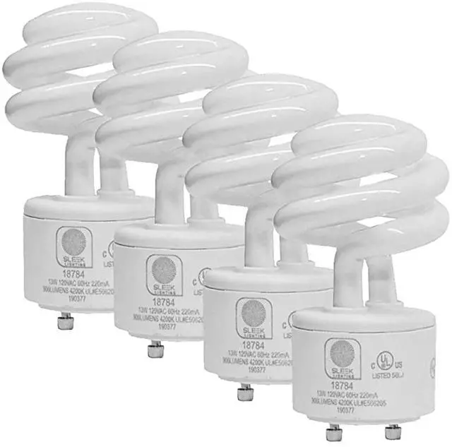 Main image of 13Watt GU24 Base 2 prong light bulbs- UL approved-120v 60Hz - Mini Twist Lock Spiral -Self Ballasted CFL Two Pin Fluorescent Bulbs- 4200K 900lm Cool White 4pack (60Watt Equivalent)