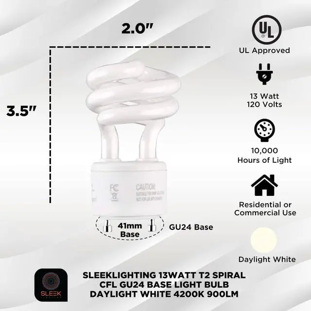 Alt view image 2 of 7 - 13Watt GU24 Base 2 prong light bulbs- UL approved-120v 60Hz - Mini Twist Lock Spiral -Self Ballasted CFL Two Pin Fluorescent Bulbs- 4200K 900lm Cool White 4pack (60Watt Equivalent)