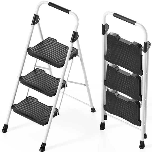 Main image of 3 Step Folding Ladder, 900 lbs Load Capacity, Non-Skid Large Pedals, Handrail, Safety Lock, Sturdy Step Stool for Home, Office, Garden, Multi-Purpose, White