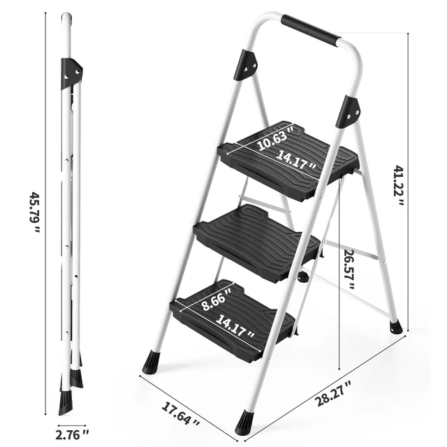 Alt view image 2 of 7 - 3 Step Folding Ladder, 900 lbs Load Capacity, Non-Skid Large Pedals, Handrail, Safety Lock, Sturdy Step Stool for Home, Office, Garden, Multi-Purpose, White