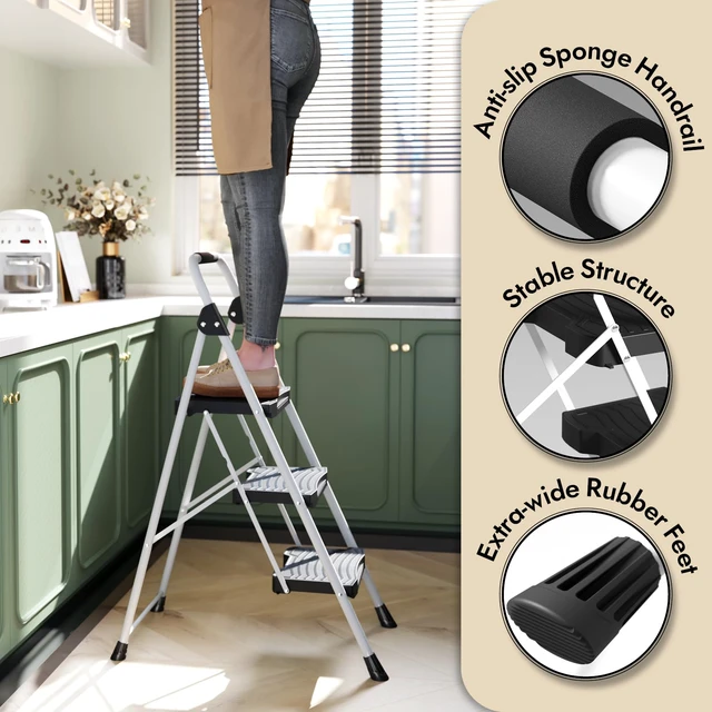 Alt view image 6 of 7 - 3 Step Folding Ladder, 900 lbs Load Capacity, Non-Skid Large Pedals, Handrail, Safety Lock, Sturdy Step Stool for Home, Office, Garden, Multi-Purpose, White