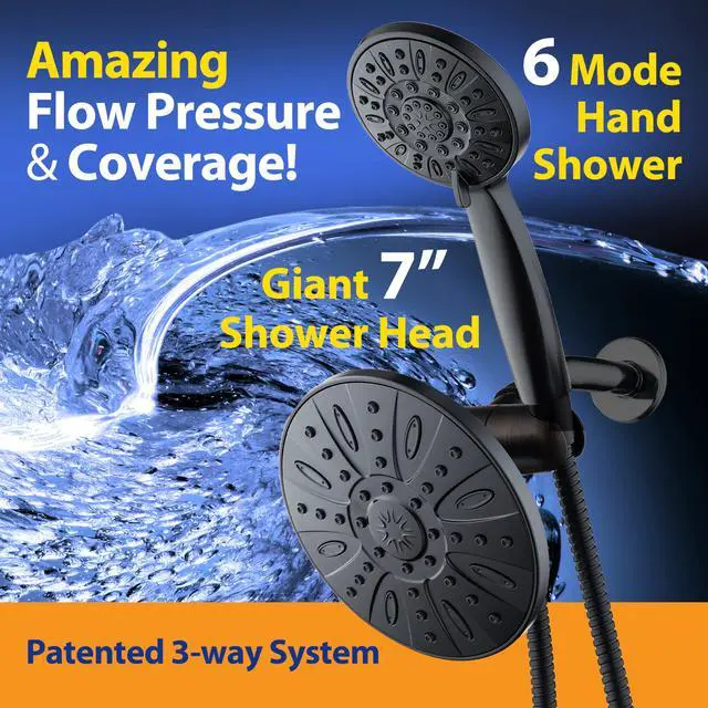 Alt view image 2 of 5 - 7" Premium High Pressure 3-way Rain & Handheld Shower Head Combo | Enjoy Luxury 7-inch Showerhead & 6-mode Hand Shower Separately or Together! Premium Stainless Steel Hose - Black