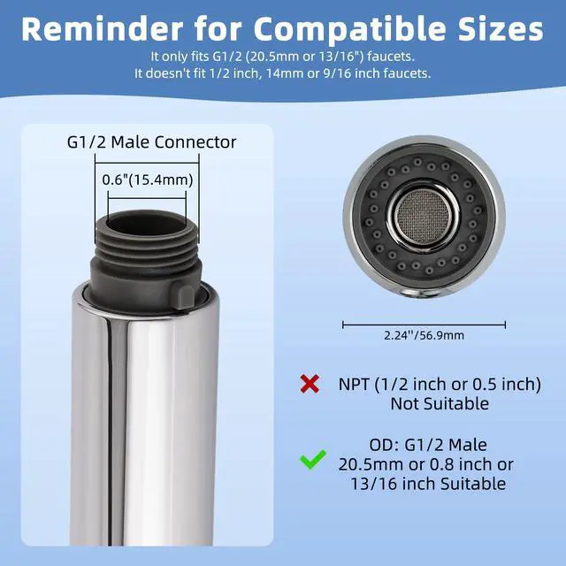 Alt view image 2 of 7 - Pull Out Sink Sprayer Head Replacement, 2 Function Kitchen Sink Faucet Head, G1/2 or 13/16 Inch Thread Faucet Head Kitchen Tap Sprayer Spout, Chrome