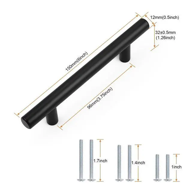 Alt view image 3 of 7 - 30 Pack Hole Centers 3-3/4inch Matte Black Kitchen Cabinet Handles, Stainless Steel Dresser Drawer Pulls, Modern T Bar 6inch Length Pull Handle for Closet