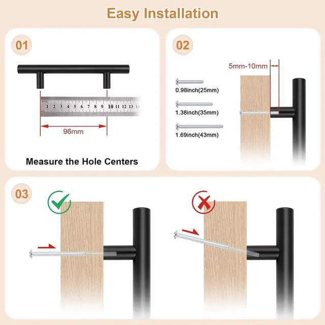 Alt view image 4 of 7 - 30 Pack Hole Centers 3-3/4inch Matte Black Kitchen Cabinet Handles, Stainless Steel Dresser Drawer Pulls, Modern T Bar 6inch Length Pull Handle for Closet