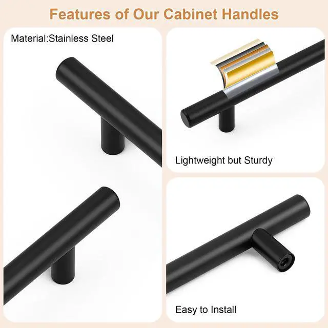 Alt view image 5 of 7 - 30 Pack Hole Centers 3-3/4inch Matte Black Kitchen Cabinet Handles, Stainless Steel Dresser Drawer Pulls, Modern T Bar 6inch Length Pull Handle for Closet