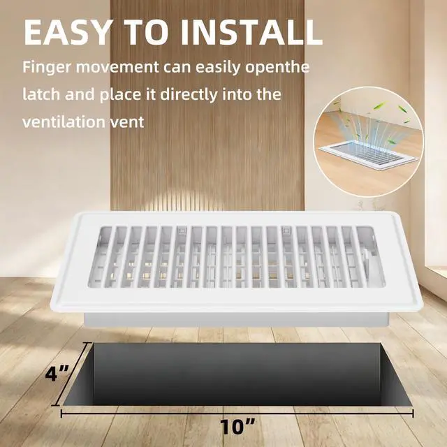 Alt view image 2 of 7 - Floor Register 4x10, 4 Pack Floor Vent Covers for Home Floor Heavy Duty Steel Panel Walkable Floor Grates Adjustable Air Vent Covers 4" x 10" Floor Vent, White