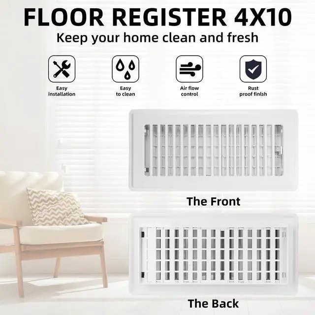 Alt view image 4 of 7 - Floor Register 4x10, 4 Pack Floor Vent Covers for Home Floor Heavy Duty Steel Panel Walkable Floor Grates Adjustable Air Vent Covers 4" x 10" Floor Vent, White