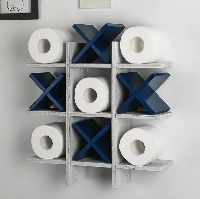 Main image of Tic Tac Toe Toilet Paper Holder Stand Bathroom Wall Decor Rustic Wooden Hanging Storage Freestanding Wall Mounted Shelves Decor for Toilet Tissue Farmhouse