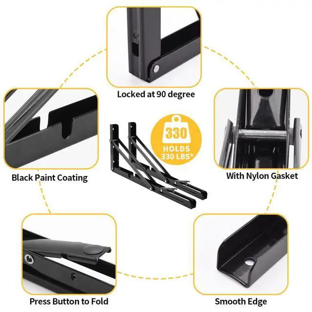 Alt view image 5 of 7 - 16 Inch Folding Shelf Bracket, Heavy Duty L Bracket, Black, 2 Pack | High-Quality Metal, 330 LB Load Capacity, Foldable Locking Design, Easy Release Lever, Easy Installation, Includes Hardware