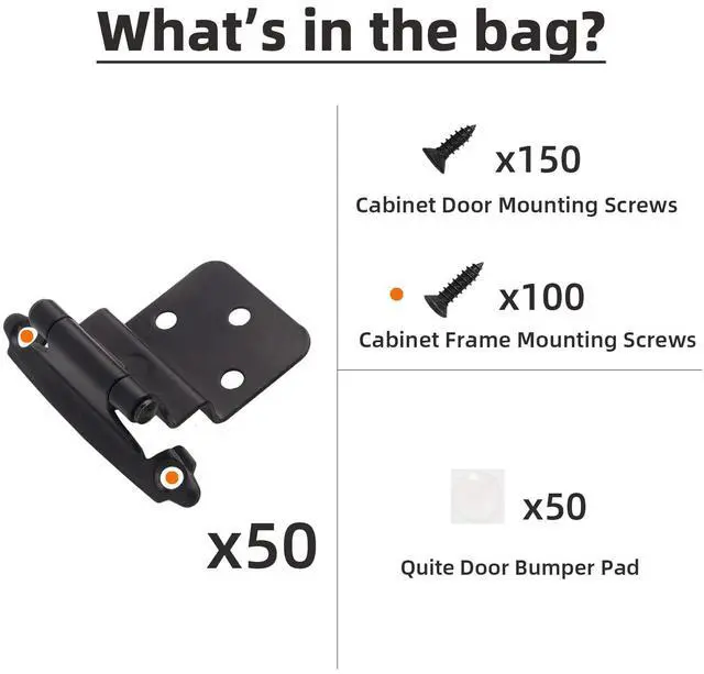 Alt view image 5 of 7 - 3/8" Inset Cabinet Hinges Black (25 Pair -50 Pcs) Offset Self Closing Matte Black Cabinet Hinges for Kitchen Cabinets w/Bumpers & Upgraded Screws