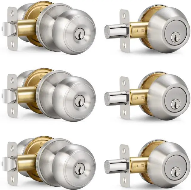 Main image of 3 Sets Entry Door Knob and Single Cylinder Deadbolt Combo Set, Keyed Alike | Round Ball Satin Nickel Interior/Exterior Door Knobs with Lock and Keys for Entrance, Front Door and Indoor Door