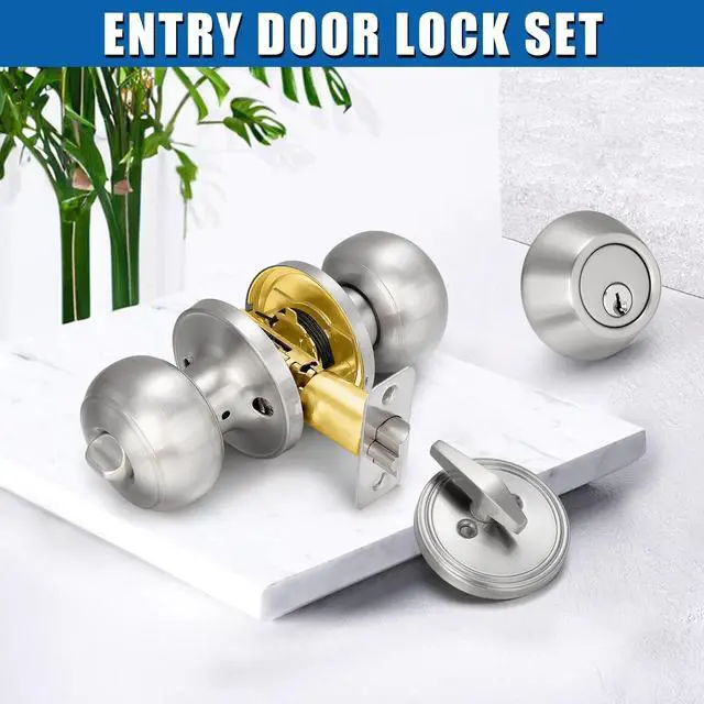 Alt view image 2 of 6 - 3 Sets Entry Door Knob and Single Cylinder Deadbolt Combo Set, Keyed Alike | Round Ball Satin Nickel Interior/Exterior Door Knobs with Lock and Keys for Entrance, Front Door and Indoor Door