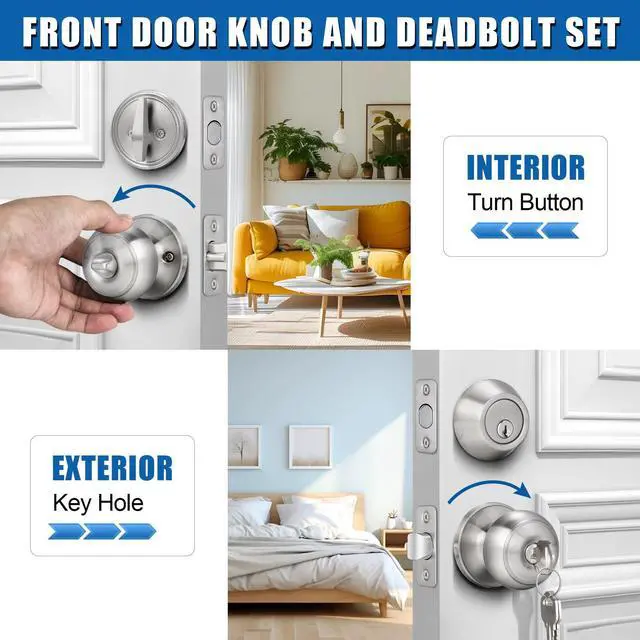 Alt view image 3 of 6 - 3 Sets Entry Door Knob and Single Cylinder Deadbolt Combo Set, Keyed Alike | Round Ball Satin Nickel Interior/Exterior Door Knobs with Lock and Keys for Entrance, Front Door and Indoor Door