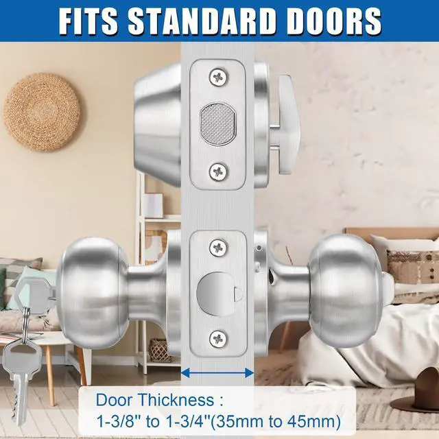 Alt view image 5 of 6 - 3 Sets Entry Door Knob and Single Cylinder Deadbolt Combo Set, Keyed Alike | Round Ball Satin Nickel Interior/Exterior Door Knobs with Lock and Keys for Entrance, Front Door and Indoor Door