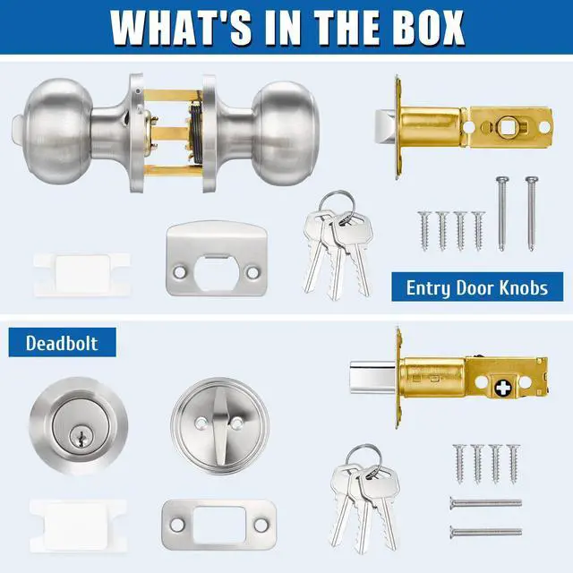 Alt view image 6 of 6 - 3 Sets Entry Door Knob and Single Cylinder Deadbolt Combo Set, Keyed Alike | Round Ball Satin Nickel Interior/Exterior Door Knobs with Lock and Keys for Entrance, Front Door and Indoor Door
