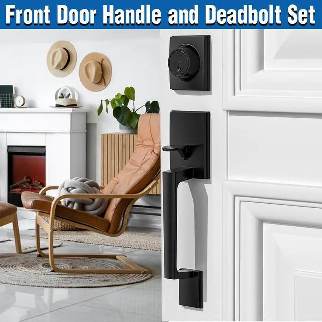 Alt view image 2 of 7 - Matte Black Front Door Handle and Single Cylinder Deadbolt Combo Set | Black Exterior Door Lever, Heavy Duty Modern Front Door Lock Set, Reversible for Right & Left Handed Doors