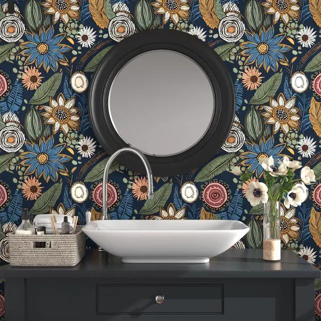 Alt view image 2 of 6 - Boho Wallpaper Peel and Stick 17.5"x393", Navy Blue Contact Paper | Self Adhesive/Removable/Waterproof/Thick Vinyl Wall Paper for Bathroom Bedroom Shelf Cabinet Drawer,Prepasted,Easy Peel