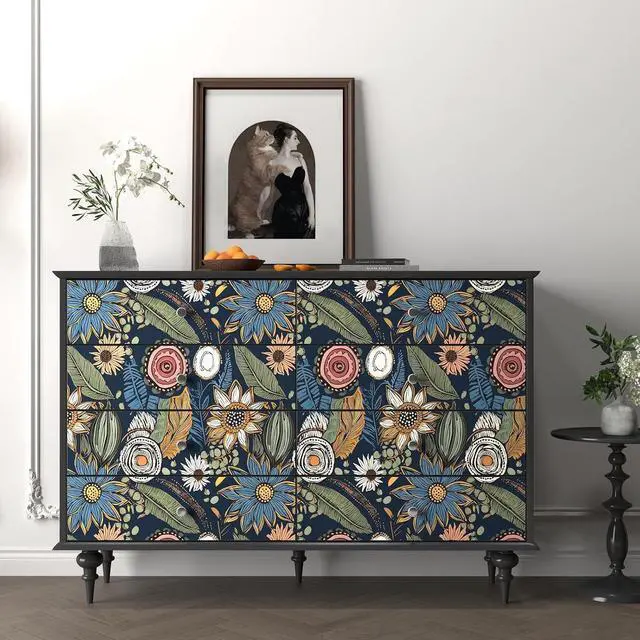 Alt view image 3 of 6 - Boho Wallpaper Peel and Stick 17.5"x393", Navy Blue Contact Paper | Self Adhesive/Removable/Waterproof/Thick Vinyl Wall Paper for Bathroom Bedroom Shelf Cabinet Drawer,Prepasted,Easy Peel