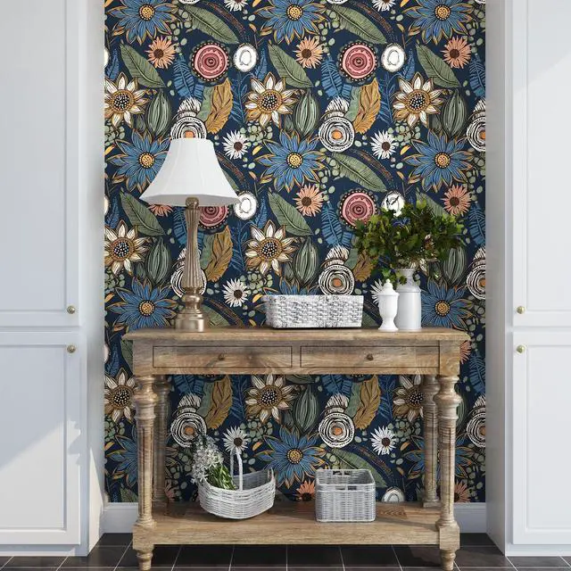 Alt view image 5 of 6 - Boho Wallpaper Peel and Stick 17.5"x393", Navy Blue Contact Paper | Self Adhesive/Removable/Waterproof/Thick Vinyl Wall Paper for Bathroom Bedroom Shelf Cabinet Drawer,Prepasted,Easy Peel