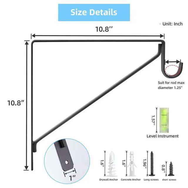 Alt view image 2 of 7 - 10-Pack Closet Rod Bracket, 10.8x10.8Inch Closet Shelf Brackets Heavy Duty Wall Mounted, Matte Black Steel Closet Rod Support Brackets Holder, 300 Lbs Load Capacity with Anchors Screws