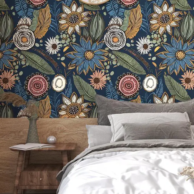 Alt view image 6 of 6 - Boho Wallpaper Peel and Stick 17.5"x393", Navy Blue Contact Paper | Self Adhesive/Removable/Waterproof/Thick Vinyl Wall Paper for Bathroom Bedroom Shelf Cabinet Drawer,Prepasted,Easy Peel