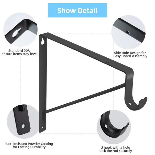 Alt view image 5 of 7 - 10-Pack Closet Rod Bracket, 10.8x10.8Inch Closet Shelf Brackets Heavy Duty Wall Mounted, Matte Black Steel Closet Rod Support Brackets Holder, 300 Lbs Load Capacity with Anchors Screws