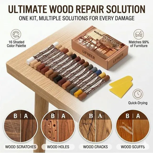 Alt view image 7 of 7 - Wood Filler Sticks,16 Colors Wood Crayons for Scratches, Scuffs, Cracks, Stains and Holes, Furniture Wax Crayons Pen for Touch Up Furniture, Floors, Cabinets, Tables, and Doors