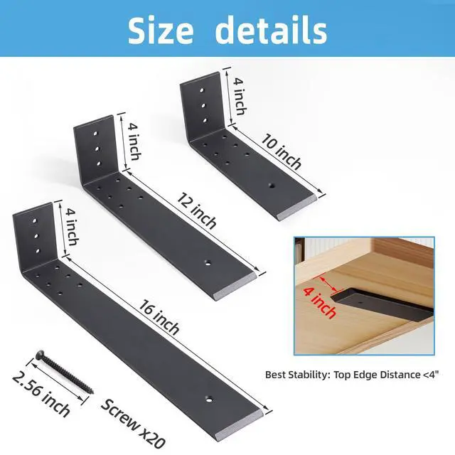 Alt view image 4 of 7 - 10 Inch Countertop Support Bracket, 3 Pack Solid Iron Steel Heavy Duty Hidden Floating L Shelf Brackets 1/4 Inch Thick, Shelving Support Metal Hardware for Mantel Granite Countertop