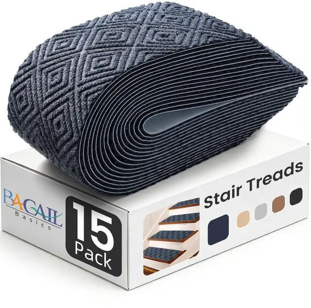 Main image of BAGAIL 15-Pack Non-Slip Stair Treads 8"x30" for Wooden Steps, Bluish Grey | No-Residue Adhesive, 0.28" Thick Cushion, Machine Washable, Safe for Dogs, Kids & Elderly, Peel-and-Stick Easy Installation