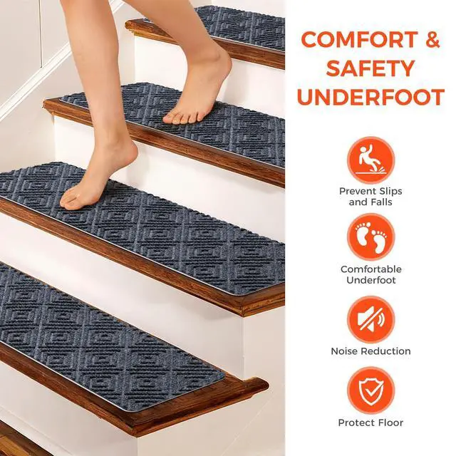 Alt view image 4 of 7 - BAGAIL 15-Pack Non-Slip Stair Treads 8"x30" for Wooden Steps, Bluish Grey | No-Residue Adhesive, 0.28" Thick Cushion, Machine Washable, Safe for Dogs, Kids & Elderly, Peel-and-Stick Easy Installation