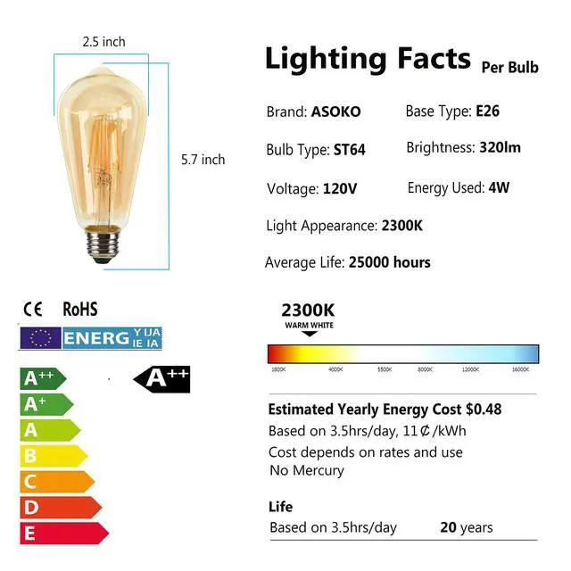 Alt view image 3 of 7 - LED Dimmable Edison Light Bulbs 4W, 2200K-2400K Warm White (Amber Glass) ST64, E26 Base Pack of 6