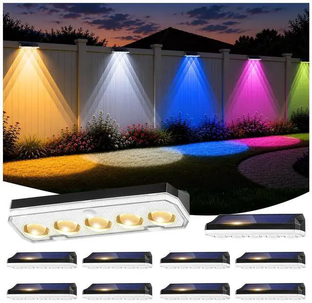 Main image of Solar Fence Lights Outdoor 10 Pack, 40 Modes RGB & Cold/Warm White Wall Lights with 5 Lens, IP67 Waterproof Dusk to Dawn Outside Lighs for Backyard, Patio, Yard, Pool, Deck, Railing Decor