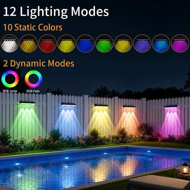 Alt view image 2 of 7 - Solar Fence Lights Outdoor 10 Pack, 40 Modes RGB & Cold/Warm White Wall Lights with 5 Lens, IP67 Waterproof Dusk to Dawn Outside Lighs for Backyard, Patio, Yard, Pool, Deck, Railing Decor