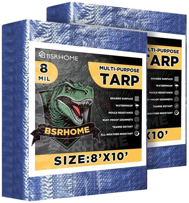 Main image of Tarps Waterproof 8x10 Feet, 2 Pack Heavy Duty Blue Tarp Cover 8 Mil Thick, Resistant Plastic Tarpaulin with Metal Grommets, Outdoor Tent Cover for Emergency Rain