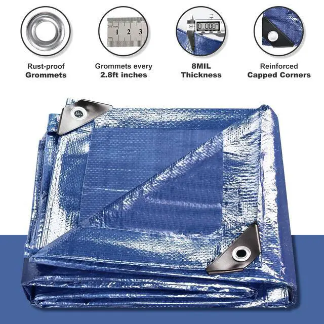 Alt view image 2 of 5 - Tarps Waterproof 8x10 Feet, 2 Pack Heavy Duty Blue Tarp Cover 8 Mil Thick, Resistant Plastic Tarpaulin with Metal Grommets, Outdoor Tent Cover for Emergency Rain
