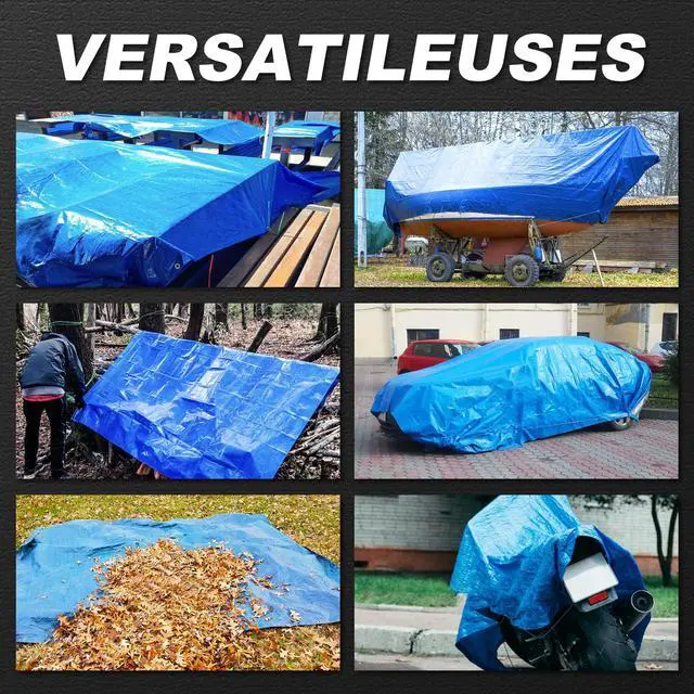 Alt view image 5 of 5 - Tarps Waterproof 8x10 Feet, 2 Pack Heavy Duty Blue Tarp Cover 8 Mil Thick, Resistant Plastic Tarpaulin with Metal Grommets, Outdoor Tent Cover for Emergency Rain