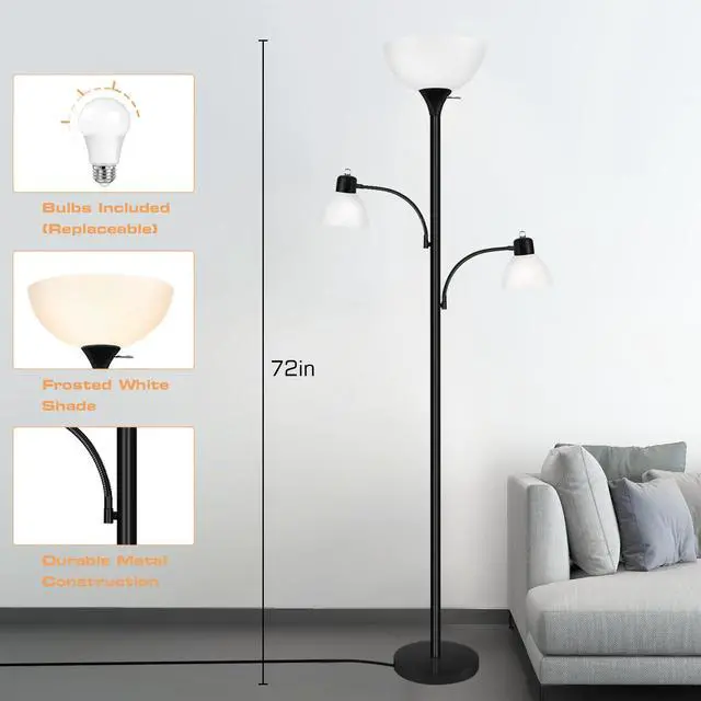 Alt view image 3 of 7 - Floor Lamps for Living Room, 72" Tall Torchiere Floor Lamp with 8W Adjustable Reading Lights, Industrial Lamps for Living Room, Bedroom, Office, Black Tree Floor Lamp3 Bulbs Included