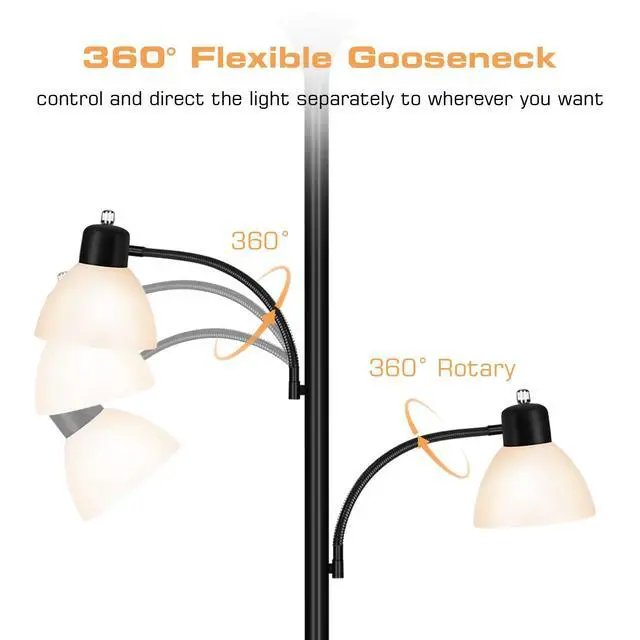 Alt view image 4 of 7 - Floor Lamps for Living Room, 72" Tall Torchiere Floor Lamp with 8W Adjustable Reading Lights, Industrial Lamps for Living Room, Bedroom, Office, Black Tree Floor Lamp3 Bulbs Included