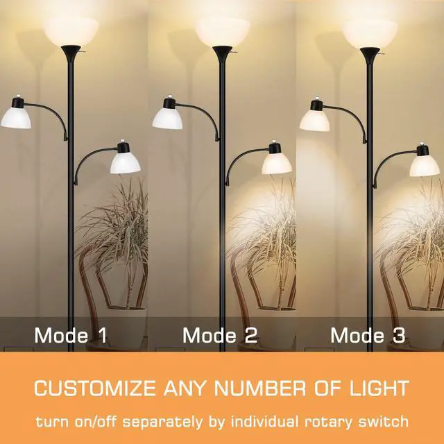 Alt view image 5 of 7 - Floor Lamps for Living Room, 72" Tall Torchiere Floor Lamp with 8W Adjustable Reading Lights, Industrial Lamps for Living Room, Bedroom, Office, Black Tree Floor Lamp3 Bulbs Included